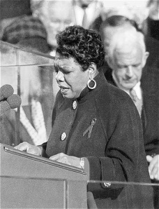 Maya Angelou recites her poem, "On the Pulse of Morning", at the 1993 presidential inauguration